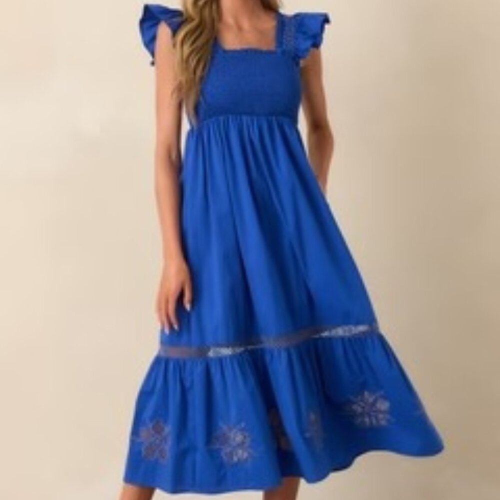 SKIES ARE BLUE Cobalt Blue Cotton Embroidered Eyelet Midi Dress XS NWT